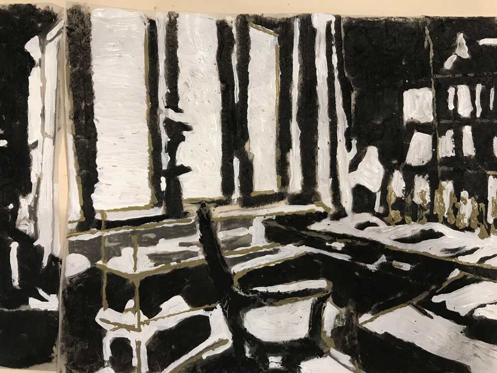 פרט מתוך יצירתה של טלי נבון המציג את חדר העבודה של המשורר מופשט לכדי צורות גיאומטריות בצבעי שחור לבן וקרם