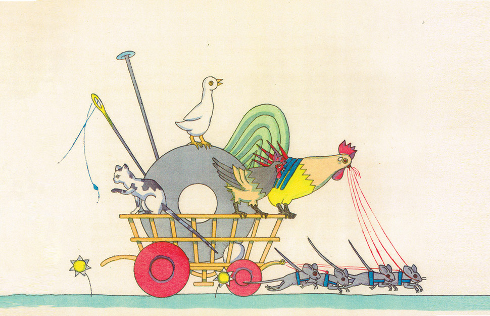 איור עגלה עליה רכובים תרנגול ותרנגולת אווז וחתלתול רתומה לשיירת עכברים מאת המאיירת תום זיידמן פרויד