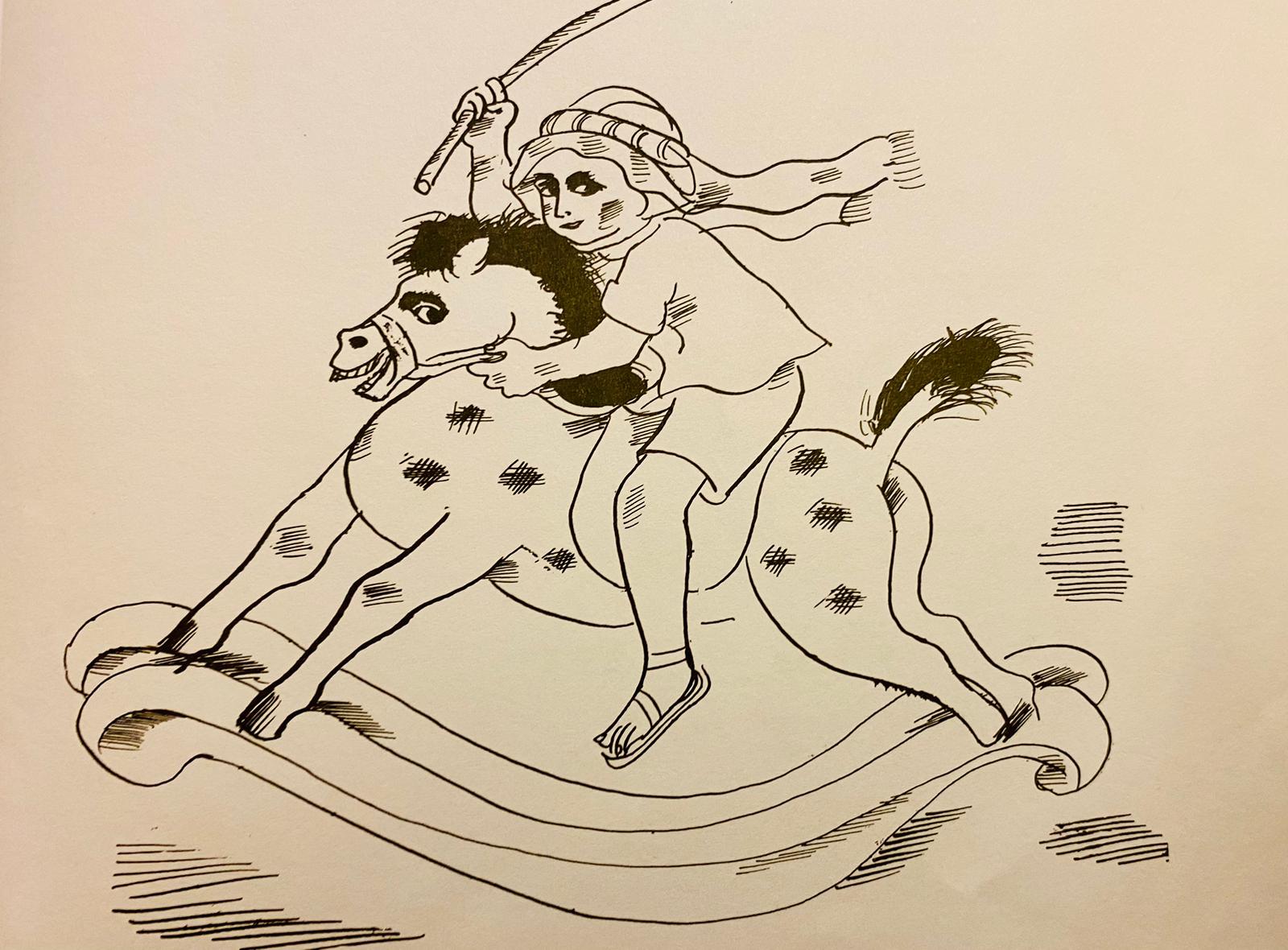 איור מאת נחום גוטמן לשיר פרש ובו רכוב ילד בעל כאפייה ומצ'טה בידו על סוס נדנדה מחייך 