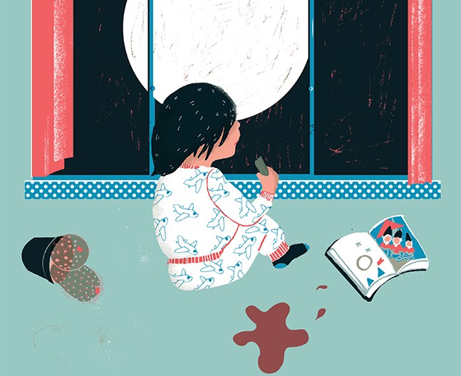 ציור של ילדה יושבת ליד החלון ומסתכלת על הירח - מתוך ההזמנה לאירוע