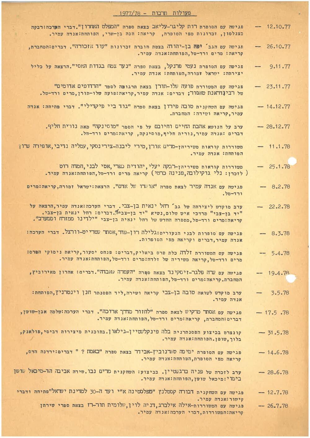 לוח אירועים ב״בית האשה״ שנת 1977-78