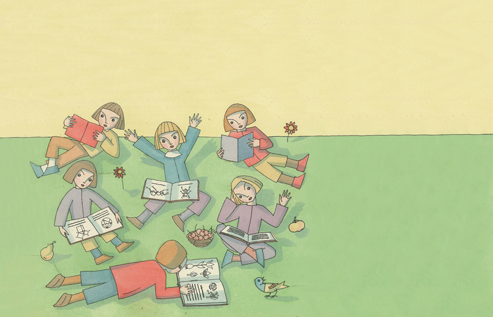 איור ילדים קוראים בספרים על הדשא מאת המאיירת תום זיידמן פרויד